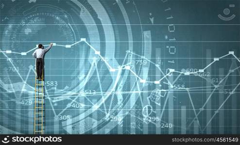 Market infographs. Back view of businessman standing on ladder and drawing sketch on wall