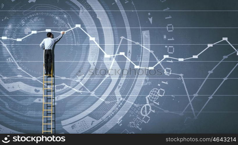 Market infographs. Back view of businessman standing on ladder and drawing sketch on wall