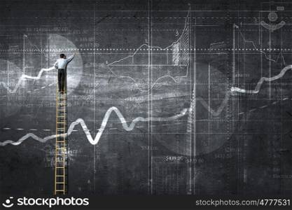 Market infographs. Back view of businessman standing on ladder and drawing sketch on wall