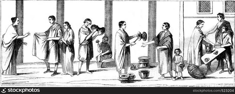 Market, Potters, Draper, Patissier, vintage engraved illustration. Magasin Pittoresque 1867.