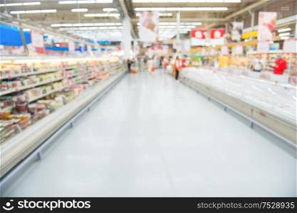 Market shop and supermarket interior as blurred store background