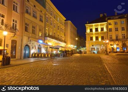 Market Square in Lviv at night. Ukraine, Lvov