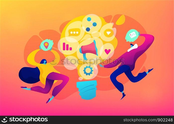 Marketing and branding, billboard and ad, marketing strategies concept. Vector isolated concept illustration. Small heads and huge legs people. Hero image for website.. Marketing concept vector illustration.