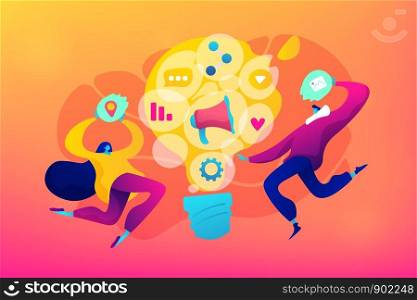 Marketing and branding, billboard and ad, marketing strategies concept. Vector isolated concept illustration. Small heads and huge legs people. Hero image for website.. Marketing concept vector illustration.