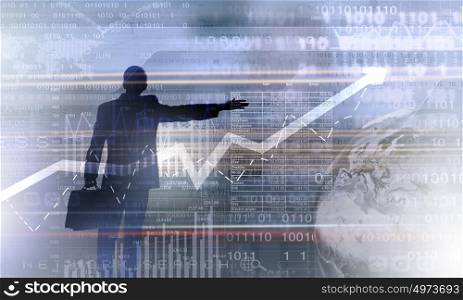 Marketing concept. Silhouette of businessman standing with back and infographs at background