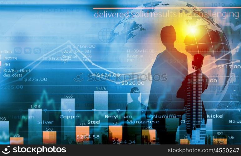 Marketing concept. Silhouette of businesswoman standing with back and infographs at background