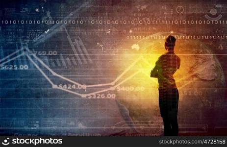 Marketing concept. Silhouette of businesswoman standing with back and infographs at background