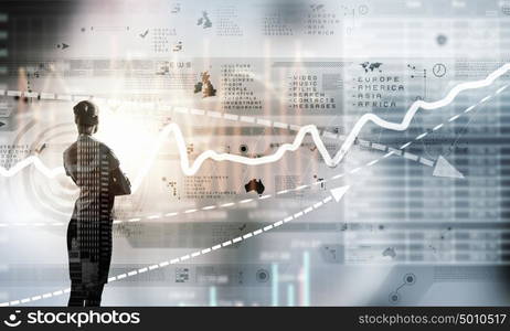 Marketing concept. Silhouette of businesswoman standing with back and infographs at background