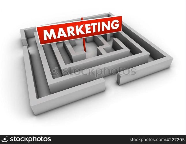 Marketing concept with labyrinth and red goal sign on white background.