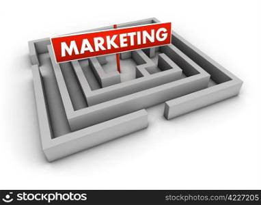 Marketing concept with labyrinth and red goal sign on white background.