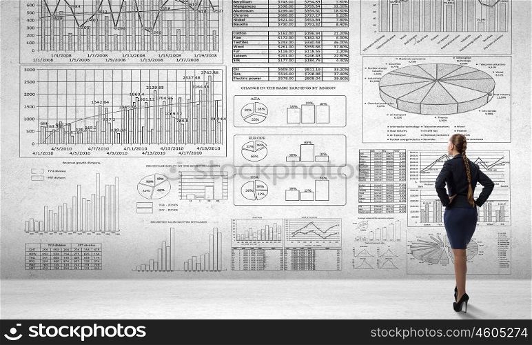 Marketing report data. Rear view of businesswoman looking at infographs on wall
