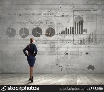 Marketing report data. Rear view of businesswoman looking at infographs on wall