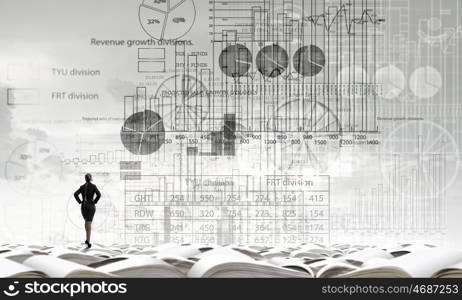 Marketing report data. Rear view of businesswoman looking at infographs on wall