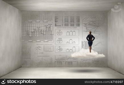 Marketing report data. Rear view of businesswoman looking at infographs on wall