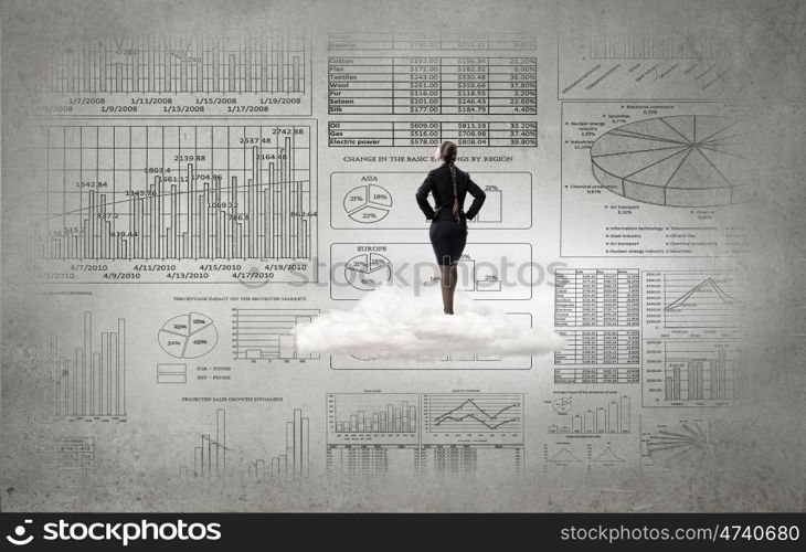 Marketing report data. Rear view of businesswoman looking at infographs on wall