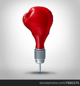 Marketing strategy and competitive target planning concept as a dart shaped with a red boxing glove as a business symbol for an accurate focused winning goal plan.