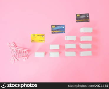 Marketing strategy or loan concepts from credit card and product box on pink background. Top view