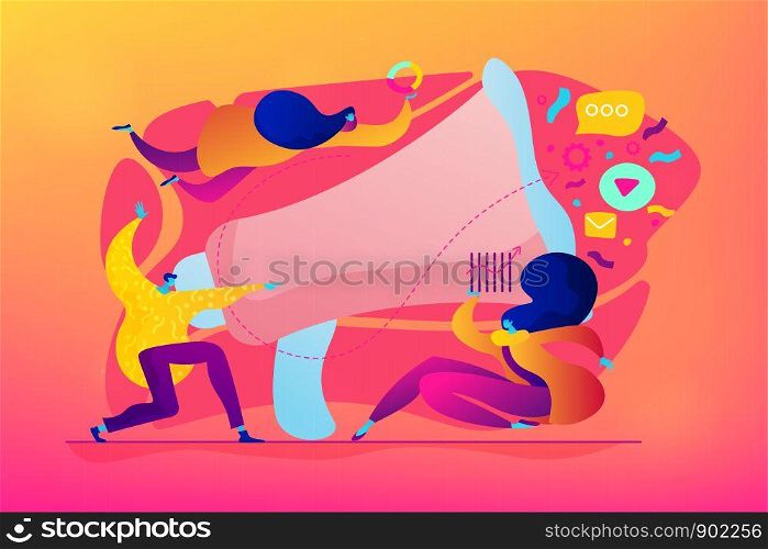Marketing team metrics, marketing team lead and responsibilities concept. Vector isolated concept illustration with tiny people and floral elements. Hero image for website.. Digital marketing team concept vector illustration.