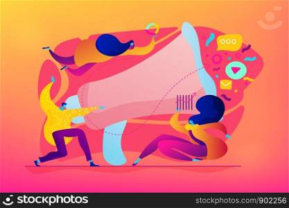 Marketing team metrics, marketing team lead and responsibilities concept. Vector isolated concept illustration with tiny people and floral elements. Hero image for website.. Digital marketing team concept vector illustration.