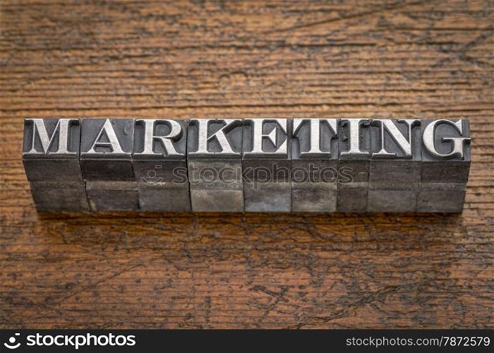 marketing word in vintage letterpress metal type against rustic wood