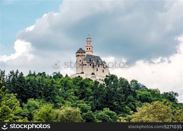 Marksburg Castle at Rhine Valley (Rhine Gorge) near Braubach, Germany. Built in 1117.