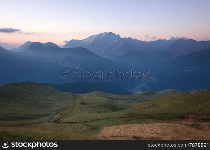 Marmolada mountains ridge at sunrise, Val di Fassa, Italian Dolomites