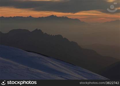 Marmolada Summit evening view to the West Italy Dolomites