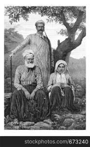 Maronite Dragoman and Metouali or Shia Man and Woman of the Beqaa Valley, in Lebanon, vintage engraved illustration. Le Tour du Monde, Travel Journal, 1881