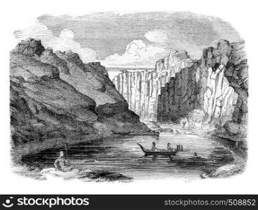 Marquesas Islands, View of the Bay of Tahiti, vintage engraved illustration. Magasin Pittoresque 1843.