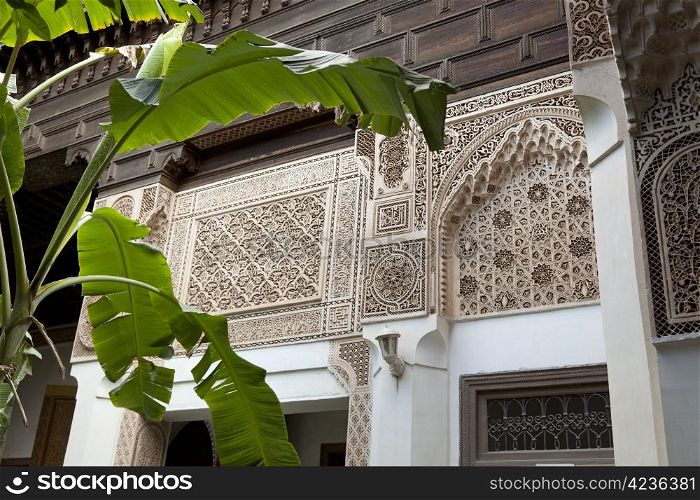 Marrakech, Morocco, Palais de la Bahia, April 1, 2012, amazing plasterwork on the walls in the palais