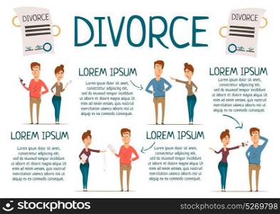 Marriage And Divorce Infographics. Divorce rate marriage infographics with cartoon partner characters of wife and husband with editable paragraphs of text vector illustration
