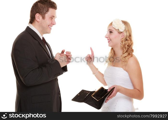 Marriage and money concept of high wedding cost. Couple groom and bride with empty purse, calm and smiling, isolated