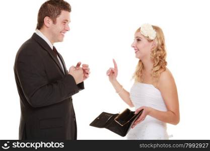 Marriage and money concept of high wedding cost. Couple groom and bride with empty purse, calm and smiling, isolated