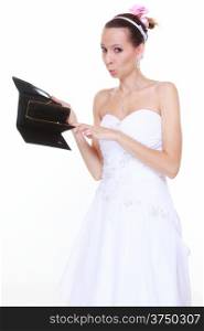 Marriage and money concept of high wedding cost. Bride with empty purse looking surprised isolated