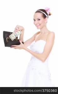 Marriage and money concept of high wedding cost. Bride with purse with one dollar isolated