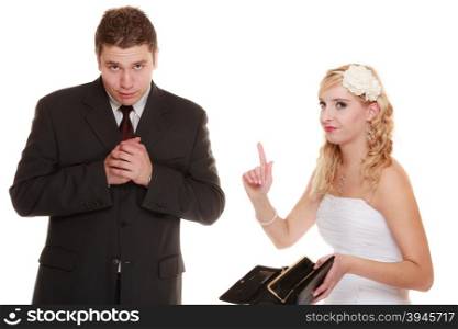 Marriage and money concept of high wedding cost. Couple groom and bride with empty purse. Bad relationship conflict quarrel isolated