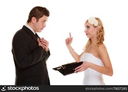 Marriage and money concept of high wedding cost. Couple groom and bride with empty purse. Bad relationship conflict quarrel isolated