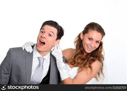 Married couple expressions on white background
