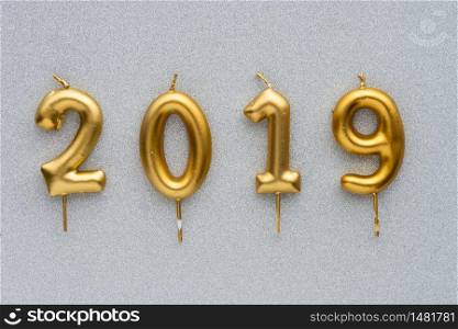 Marry Christmas and happy New Year 2019 layout. Gold candles numbers 2019