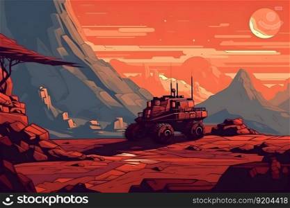 Mars rover exploring Martian Red Planet rocky surface illustration. Scientific space exploration and data collection of volcanic desert by remote controlled robot. AI Generative content