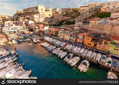 Marseille, France - September 29, 2021: Traditional fishing harbor Vallon des Auffes with picturesque houses and boats.. Traditional fishing harbor Vallon des Auffes with picturesque houses and boats, Marseilles, France