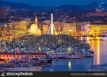 Marseille vieux port, France at night.