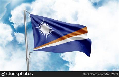 Marshall Islands flag waving on sky background. 3D Rendering