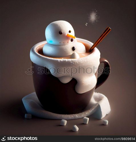 marshmallow snowman in a cup of hot cocoa. Illustration AI Generative 