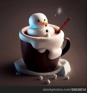 marshmallow snowman in a cup of hot cocoa. Illustration AI Generative 