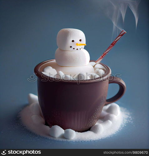 marshmallow snowman in a cup of hot cocoa. Illustration AI Generative 