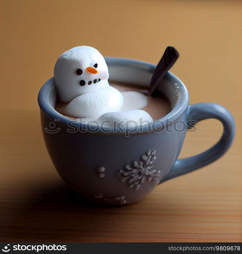 marshmallow snowman in a cup of hot cocoa. Illustration AI Generative 