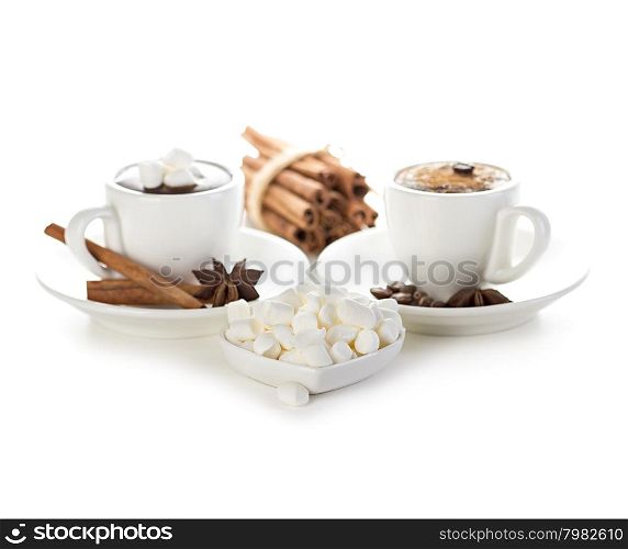 Marshmallow with two cups of hot chocolate isolated