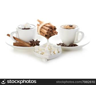 Marshmallow with two cups of hot chocolate isolated