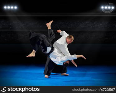 Martial arts fighters in sports hall